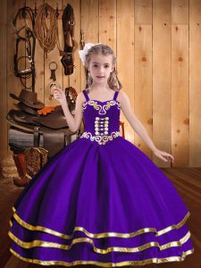 Straps Sleeveless Little Girls Pageant Gowns Floor Length Beading and Ruffled Layers Eggplant Purple Organza
