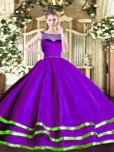 Purple Ball Gowns Scoop Sleeveless Organza Floor Length Zipper Beading and Ruffled Layers Quinceanera Dress