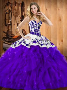 Floor Length Lace Up Ball Gown Prom Dress Purple for Military Ball and Sweet 16 and Quinceanera with Embroidery and Ruffles