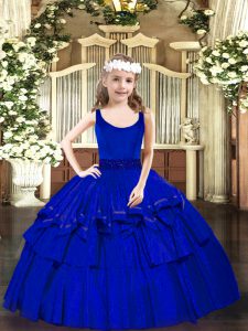 Best Sleeveless Floor Length Beading Zipper Girls Pageant Dresses with Royal Blue