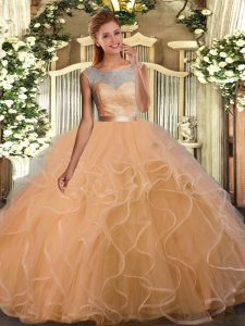 Peach Tulle Backless Scoop Sleeveless Floor Length Quinceanera Gown Lace and Ruffles