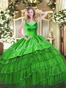 Scoop Sleeveless 15 Quinceanera Dress Floor Length Beading and Embroidery Green Organza
