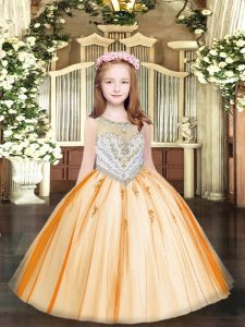 Orange Zipper Glitz Pageant Dress Beading and Appliques Sleeveless Floor Length