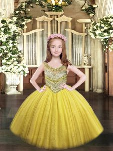 Gold Ball Gowns Scoop Sleeveless Tulle Floor Length Lace Up Beading Little Girls Pageant Dress Wholesale