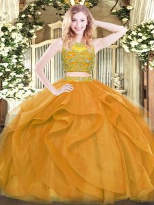 Deluxe Gold Quinceanera Gown Military Ball and Sweet 16 and Quinceanera with Beading and Ruffles Scoop Sleeveless Zipper
