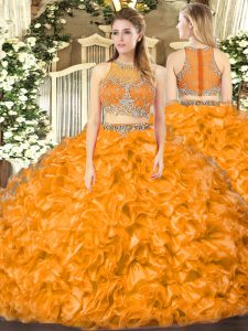 Most Popular Sleeveless Organza Floor Length Zipper Sweet 16 Dress in Orange Red with Beading and Ruffles