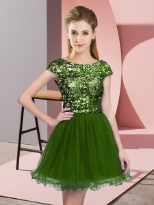 A-line Dama Dress for Quinceanera Olive Green Scoop Tulle Cap Sleeves Mini Length Zipper
