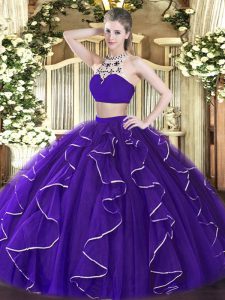 Exquisite Tulle Sleeveless Floor Length Sweet 16 Quinceanera Dress and Beading and Ruffles