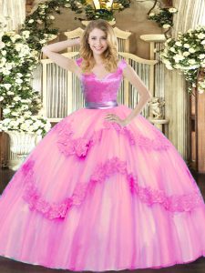 Fantastic V-neck Sleeveless Quinceanera Dresses Floor Length Beading and Appliques Rose Pink Tulle