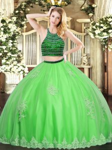 Customized Green Sleeveless Floor Length Beading and Appliques Zipper Quinceanera Dress