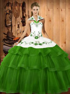 Clearance Green Sweet 16 Dress Halter Top Sleeveless Sweep Train Lace Up