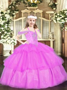 Elegant Lilac Ball Gowns Beading and Ruffled Layers Little Girl Pageant Dress Lace Up Organza Sleeveless Floor Length