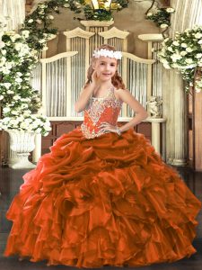 Rust Red Ball Gowns Organza V-neck Sleeveless Beading and Ruffles and Pick Ups Floor Length Lace Up Pageant Dress Womens