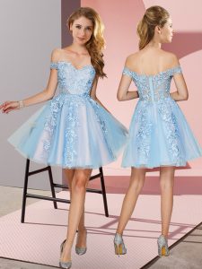 Light Blue A-line Tulle Off The Shoulder Sleeveless Appliques Mini Length Zipper Quinceanera Court of Honor Dress