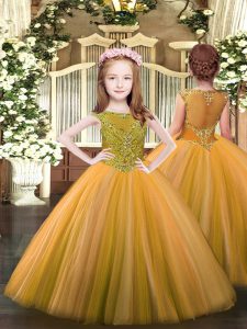 Orange Ball Gowns Beading Pageant Dress Toddler Zipper Tulle Sleeveless Floor Length