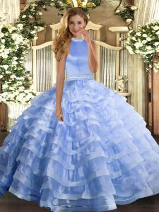 Floor Length Backless Quinceanera Dresses Blue for Military Ball and Sweet 16 and Quinceanera with Beading and Ruffled Layers