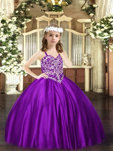 High Class Purple Sleeveless Beading Floor Length Girls Pageant Dresses