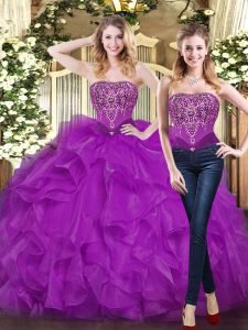 Suitable Purple Sweetheart Lace Up Beading and Ruffles 15th Birthday Dress Sleeveless