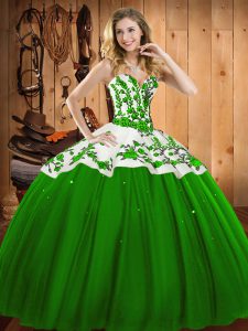 Green Ball Gowns Satin and Tulle Sweetheart Sleeveless Appliques and Embroidery Floor Length Lace Up Sweet 16 Dresses