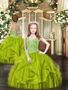 Spaghetti Straps Sleeveless Pageant Dress for Teens Floor Length Beading and Ruffles Olive Green Tulle