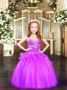 Spaghetti Straps Sleeveless Little Girls Pageant Gowns Floor Length Beading Lilac Organza