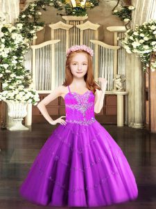 Fuchsia Lace Up Pageant Gowns For Girls Beading Sleeveless Floor Length