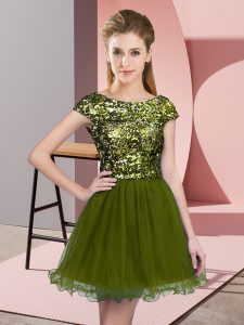 Perfect Mini Length Olive Green Quinceanera Court Dresses Scoop Cap Sleeves Zipper