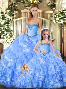 Beautiful Baby Blue Sweetheart Lace Up Beading and Ruffles Ball Gown Prom Dress Sleeveless