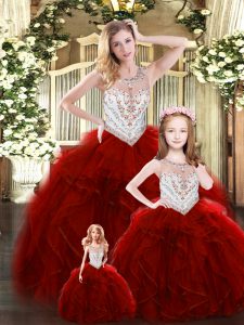 Popular Scoop Sleeveless Lace Up 15 Quinceanera Dress Wine Red Tulle