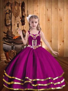 Cute Beading and Ruffled Layers Little Girls Pageant Dress Fuchsia Lace Up Sleeveless Floor Length