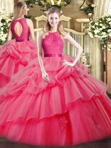 Coral Red Organza Zipper Quinceanera Dress Sleeveless Floor Length Lace and Ruffled Layers