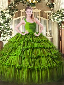 Attractive Floor Length Green 15th Birthday Dress Organza Sleeveless Beading and Ruffled Layers