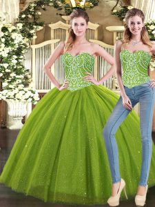 Olive Green Tulle Lace Up Sweetheart Sleeveless Floor Length Quince Ball Gowns Beading