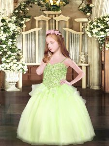 Yellow Green Lace Up Little Girls Pageant Dress Appliques Sleeveless Floor Length