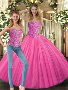 Hot Pink Lace Up Sweetheart Beading Quinceanera Gowns Tulle Sleeveless