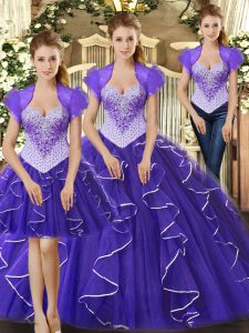 Eye-catching Tulle Straps Sleeveless Lace Up Beading and Ruffles 15 Quinceanera Dress in Purple