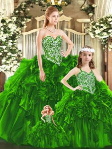 Flirting Green Organza Lace Up Sweetheart Sleeveless Floor Length Sweet 16 Dresses Beading and Ruffles