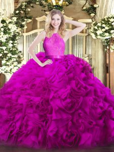 Best Scoop Sleeveless Quinceanera Dresses Floor Length Lace Fuchsia Fabric With Rolling Flowers