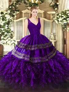 Custom Fit Ball Gowns 15 Quinceanera Dress Purple V-neck Organza Sleeveless Floor Length Zipper