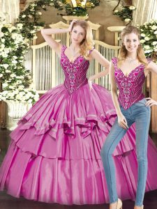 Modest V-neck Sleeveless Quinceanera Gown Floor Length Beading and Ruffled Layers Fuchsia Organza