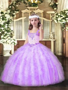 Fancy Lilac Straps Lace Up Beading and Ruffles Kids Formal Wear Sleeveless