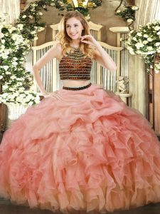 Chic Baby Pink Zipper Halter Top Beading and Ruffles Quince Ball Gowns Organza Sleeveless