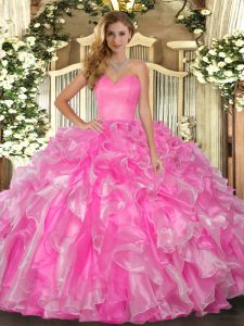 Floor Length Rose Pink Sweet 16 Dresses Organza Sleeveless Beading and Ruffles