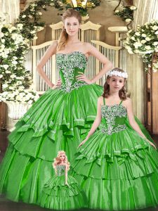 Perfect Green Ball Gowns Strapless Sleeveless Organza Floor Length Lace Up Beading and Ruffled Layers Quince Ball Gowns