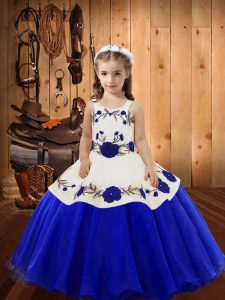 Floor Length Lace Up Pageant Dress for Womens Blue for Sweet 16 and Quinceanera with Embroidery