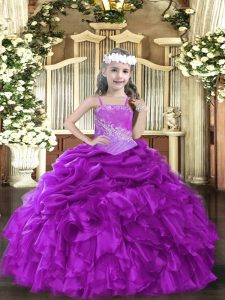 Modern Purple Organza Lace Up Pageant Dress Toddler Sleeveless Floor Length Beading and Ruffles