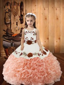 Peach Ball Gowns Embroidery and Ruffles Little Girls Pageant Dress Lace Up Fabric With Rolling Flowers Sleeveless Floor Length