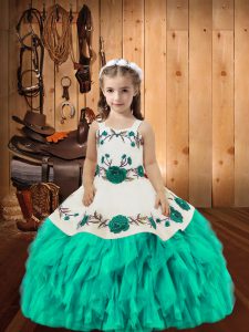 Aqua Blue Little Girls Pageant Gowns Sweet 16 and Quinceanera with Embroidery and Ruffles Straps Sleeveless Lace Up