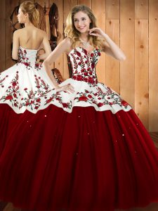 Designer Floor Length Lace Up Sweet 16 Quinceanera Dress Wine Red for Military Ball and Sweet 16 and Quinceanera with Embroidery
