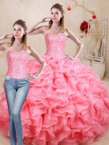 Beading and Ruffles Quinceanera Dress Watermelon Red Lace Up Sleeveless Floor Length